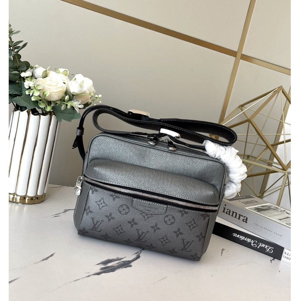 L.V. NWOT monogram coated canvas & Taiga leather crossbody in metallic gunmetal.